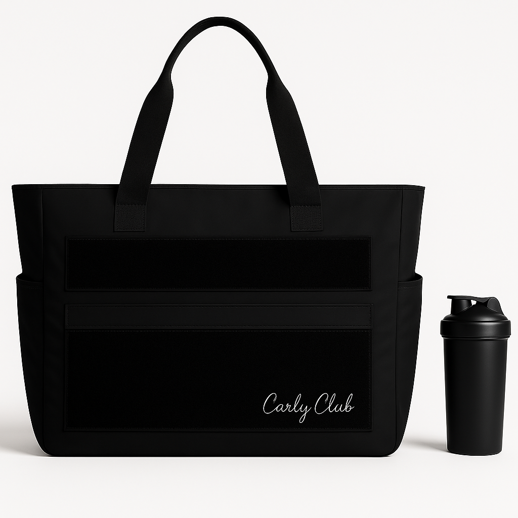 Black tote bag with 'Carly Club' branding next to a black shaker bottle on a white background